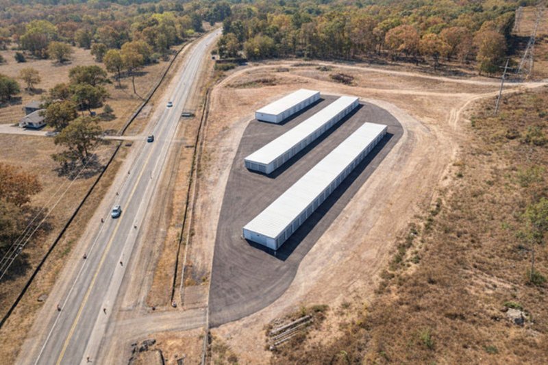 Aerial view of Mountain Storage three storage buildings in Hot Springs, Arkansas
