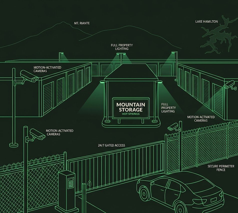 Mountain Storage security features illustration showing motion-activated cameras, full property lighting, 24/7 gated access, and secure perimeter fencing