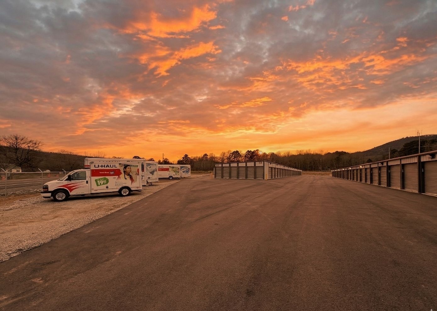U-Haul trucks at Mountain Storage facility at sunset in Hot Springs, Arkansas